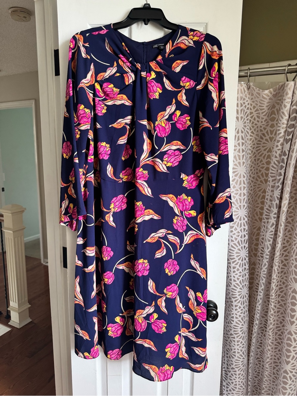 Maggy London Navy Midi Dress with Pink & Orange Floral Print